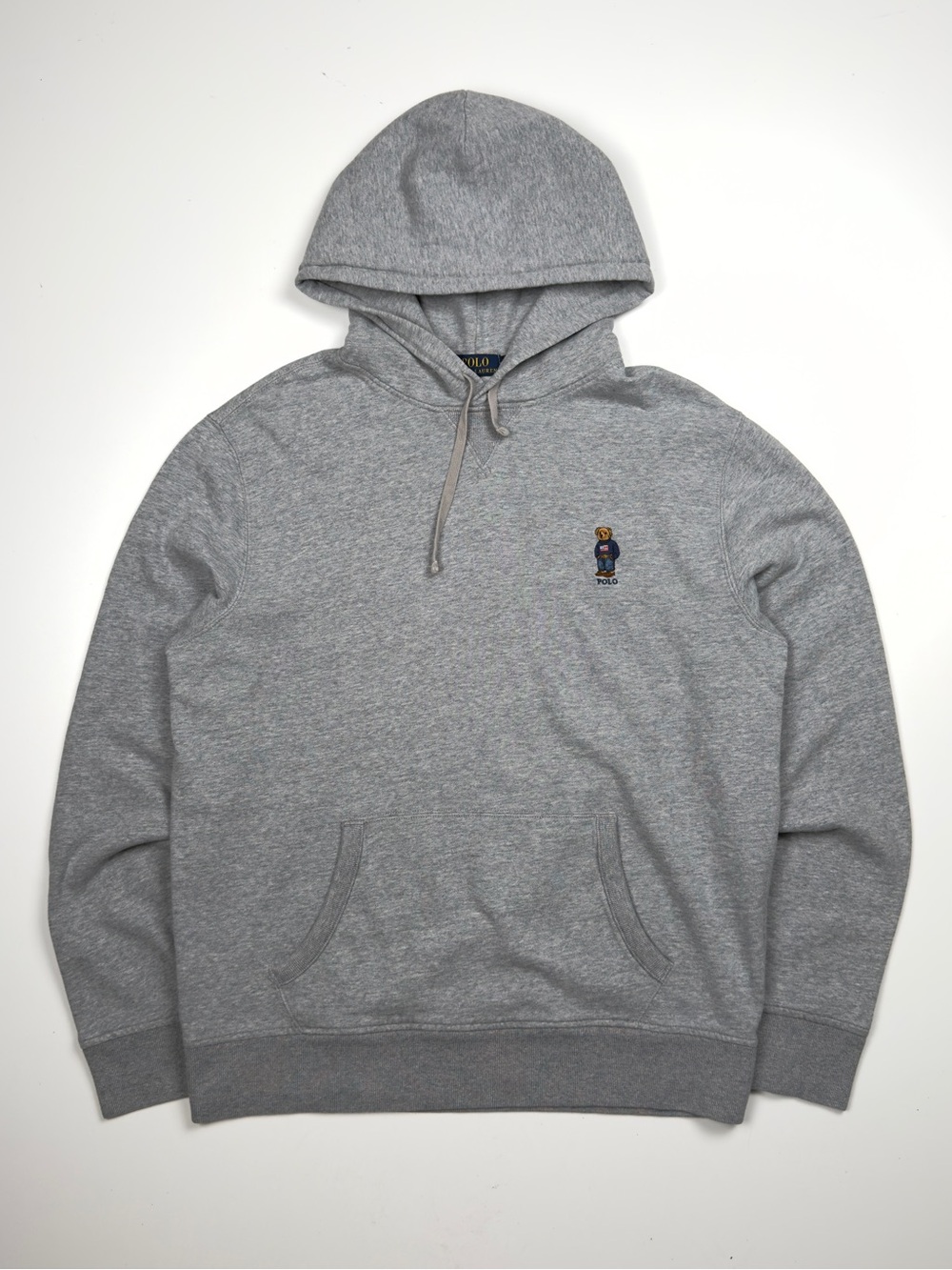 Polo Bear Ralph Lauren Cotton Long Sleeve Hoodie Mens Large Gray USA Flag Knit